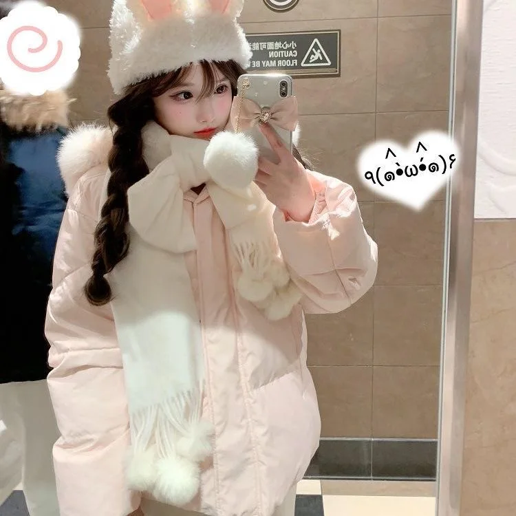 

Pink Thiened Cotton Jaet Women's Winter New Sle Sweet Cute Waist-Cinching Warm Coat with Large Fur Collar Zipper Closure