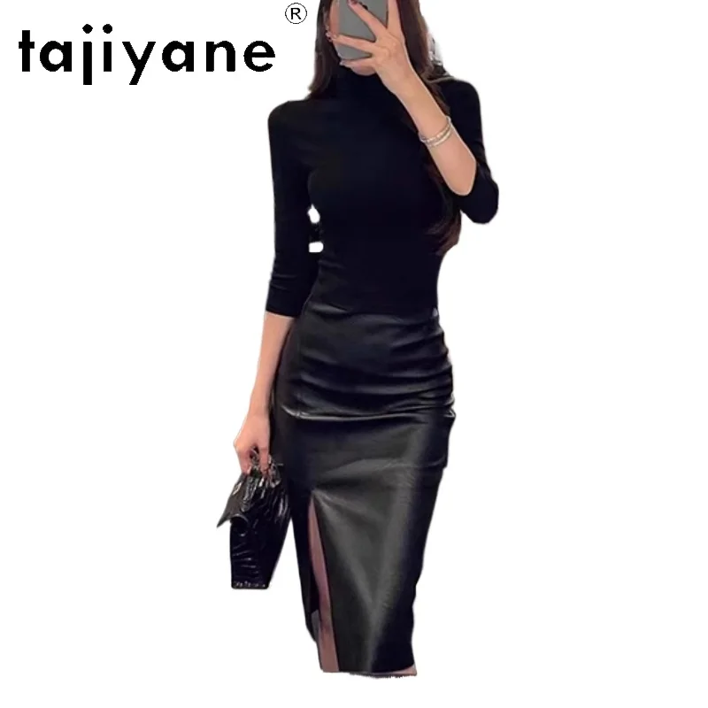 

TAJIYANE Genuine Leather Black Skirt Real Sheepskin High Waisted Split Skirts for Woman Spring Women Clothing 2025 кожаная юбка