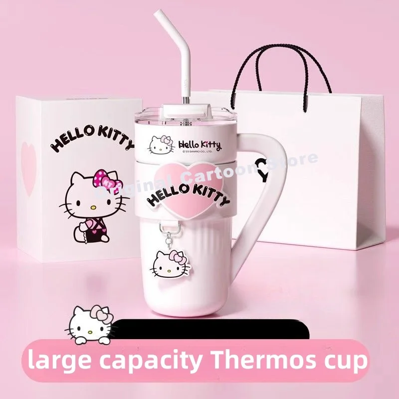 

Термос Hello Kitty Sanrio Kuromi, Женская кофейная чашка, хороший внешний вид, подарок на день рождения, соломенная чашка большой емкости, подарок для девушки