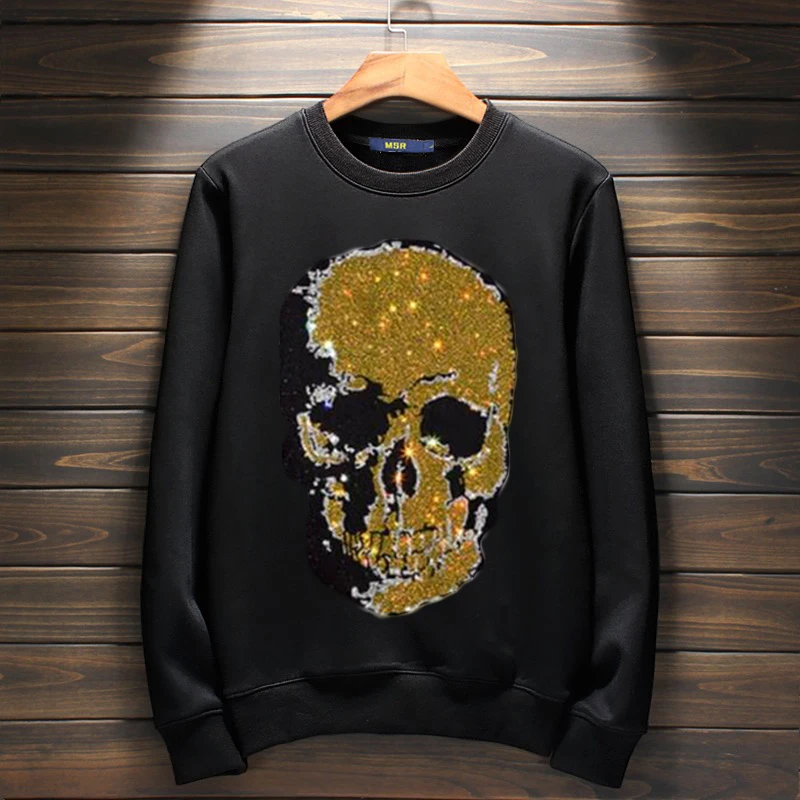 

Sweater rhinestone long sleeve turtleneck personality heavy craft skull men handsome straight down tide brand leisure.