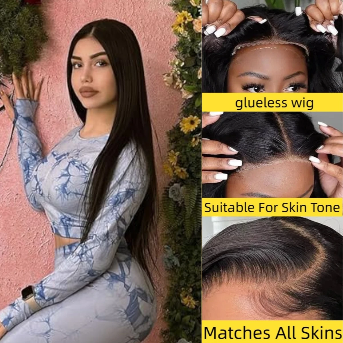 Perruques sans colle cheveux humains pré plumés pré coupé 7x5 perruques droites perruques de cheveux humains cheveux humains 180% densité perruques pour les femmes 20 pouces