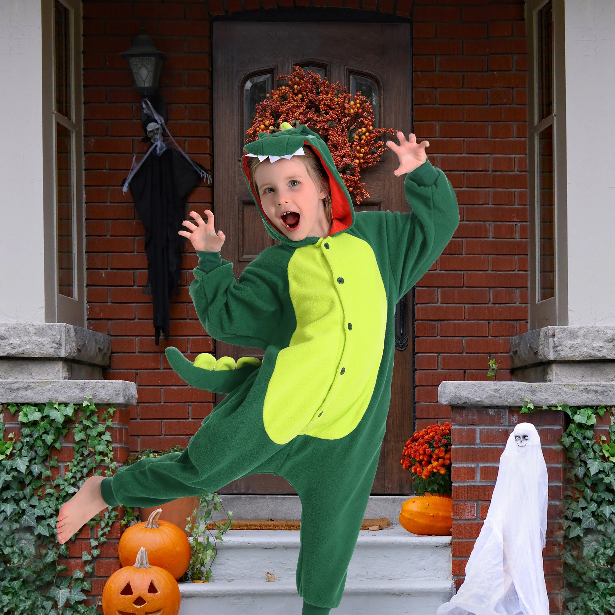 

Dinosaur Costume For Kids Unisex Hooded One-piece Pajamas Halloween Animal Cosplay Onesie Homewear Winter Soft Cute Pyjama