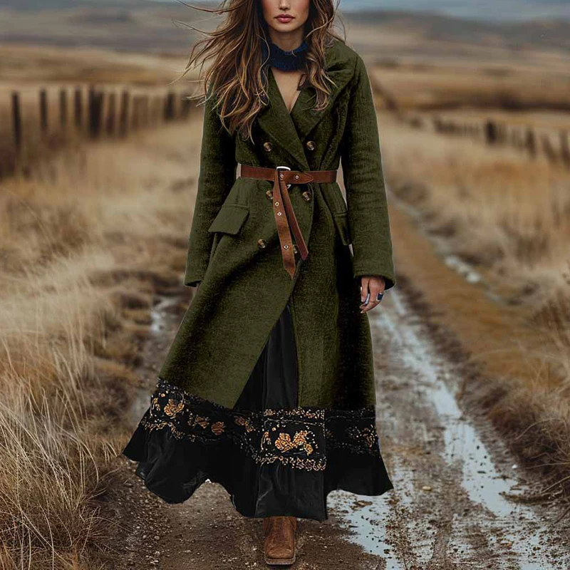 Boho Double Breasted Fall Winter Woolen Jacket Woman Sexy Turn-down Collar Solid Long Coat Cardigan Casual Long Sleeve Outerwear