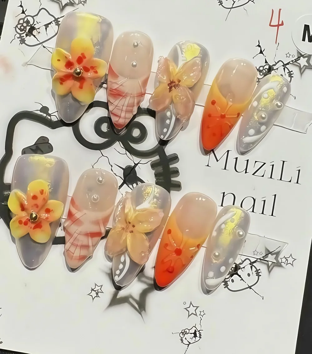 10Pcs Handmade Manicure Medium Trapezoid Fake Nails New Cute 3D Limited Nails Press On Nails Design with Adhesive Nails File Set