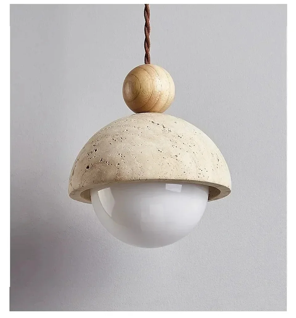 Natural Cave Stone Pendant Light LED Yellow Travertine Bedside Hanging Lighting Fixture for Restaurant Bedroom Living Room Decor