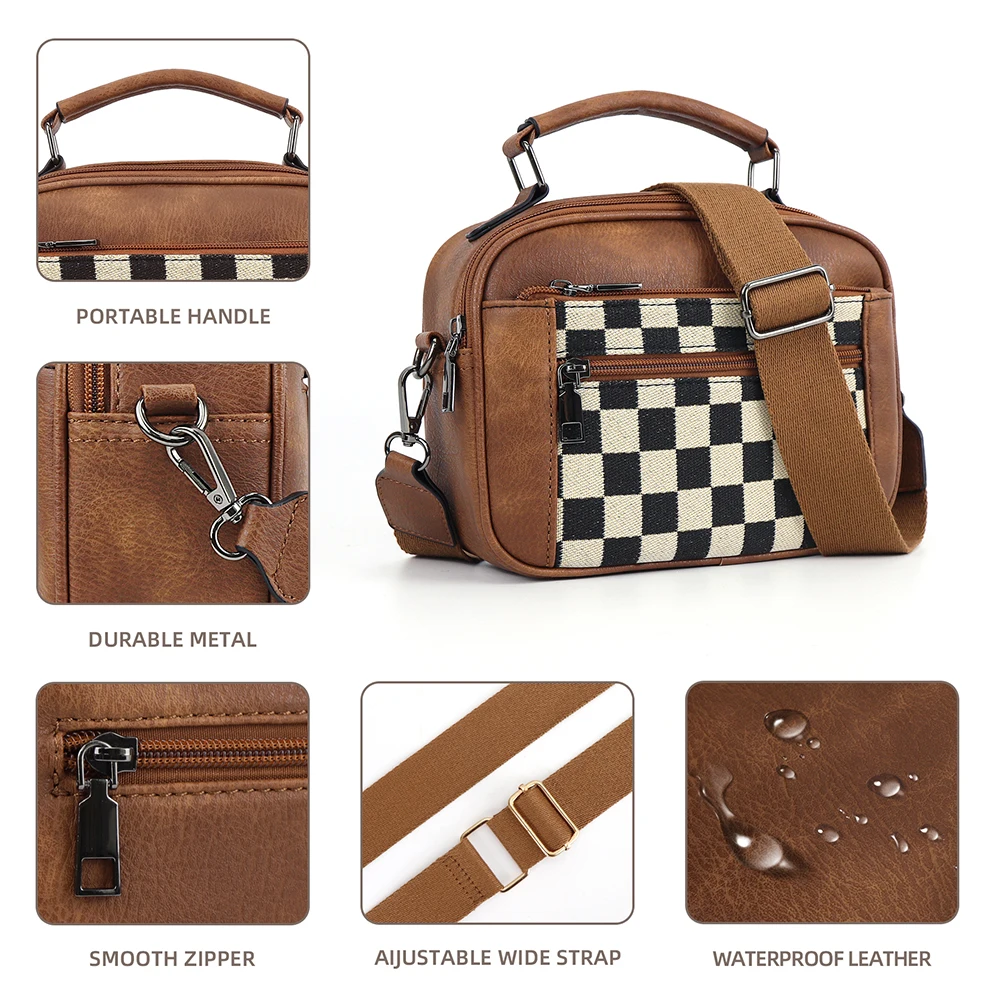 

Women PU Fashion Shoulder Bag Large Capacity Checkered Tote Bag Zipper Closure Plaid Carrying Bag Adjustable Strap Chic Hobo Bag