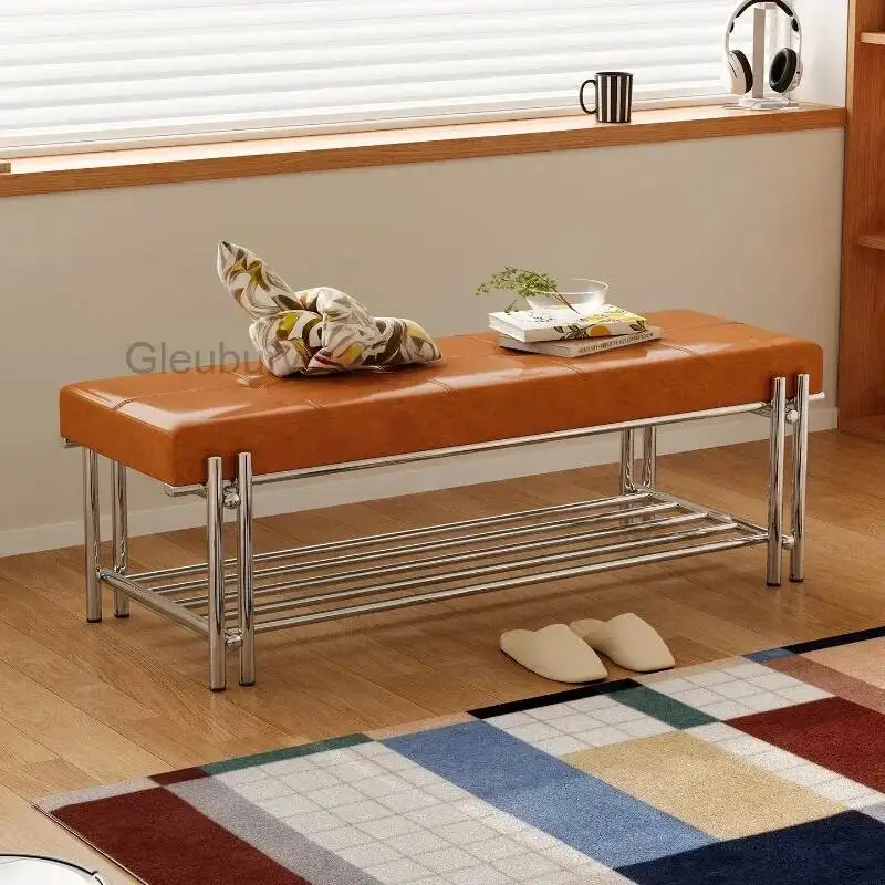 with Frame Leather Metal Upholstery Bench and Shoe Rack Multifunctional Entry Bench Stylish Living Room Bedroom Furniture