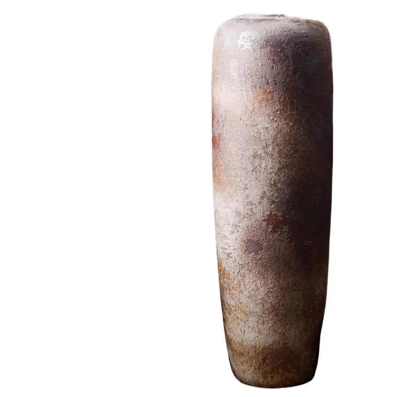 Retro ceramic vase, living room flower arrangement ornament, large floor-to-ceiling pottery pot, coarse pottery dried flower
