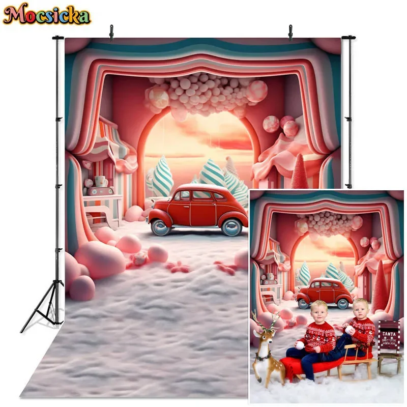 

Cartoon Christmas Candy World Photography Backdrops Red Car Frozen Winter Snowy Kids Birthday Cake Smash Background Photo Studio