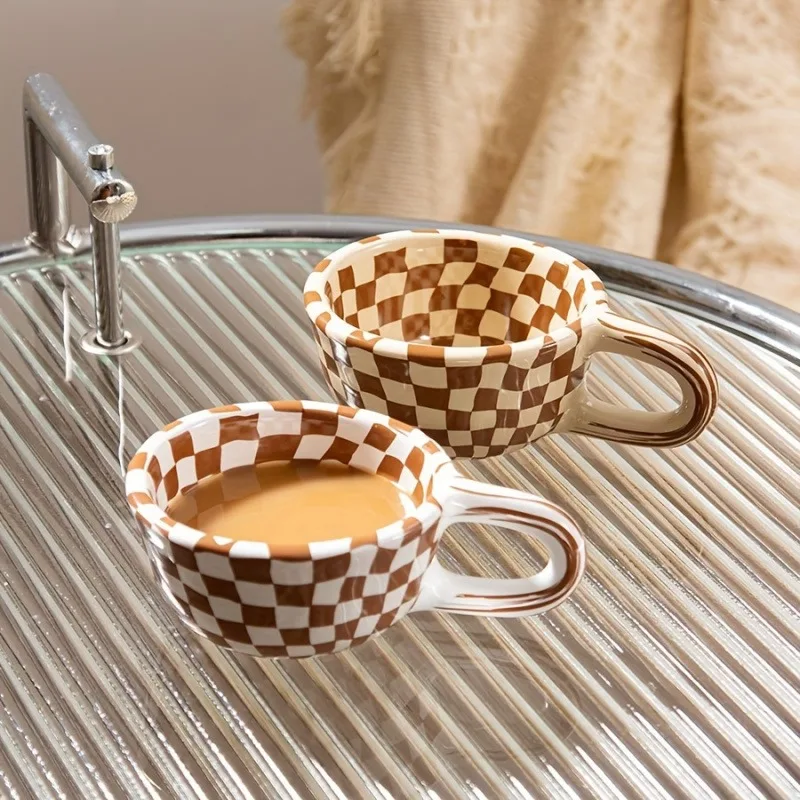 

Irregular Checkered Ceramic Mug Aesthetic for Home Office Korean Creative Elegant Coffee Cup Pretty Tea Mug Gift For Women Mom