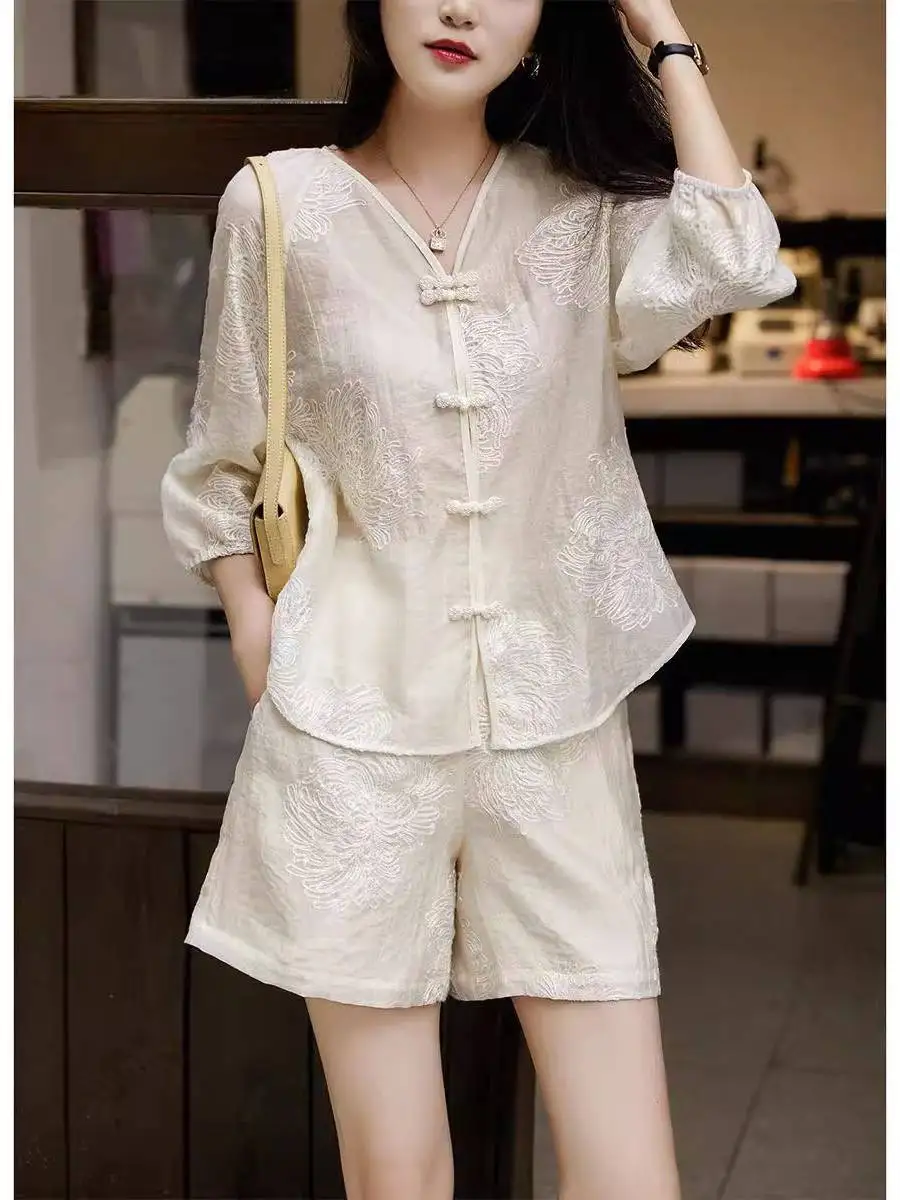 Nouveau chinois Sle Tee-Piece Ensemble brodé boutonné haut Csole jambe large orthès printemps été Faion femmes Ensemble