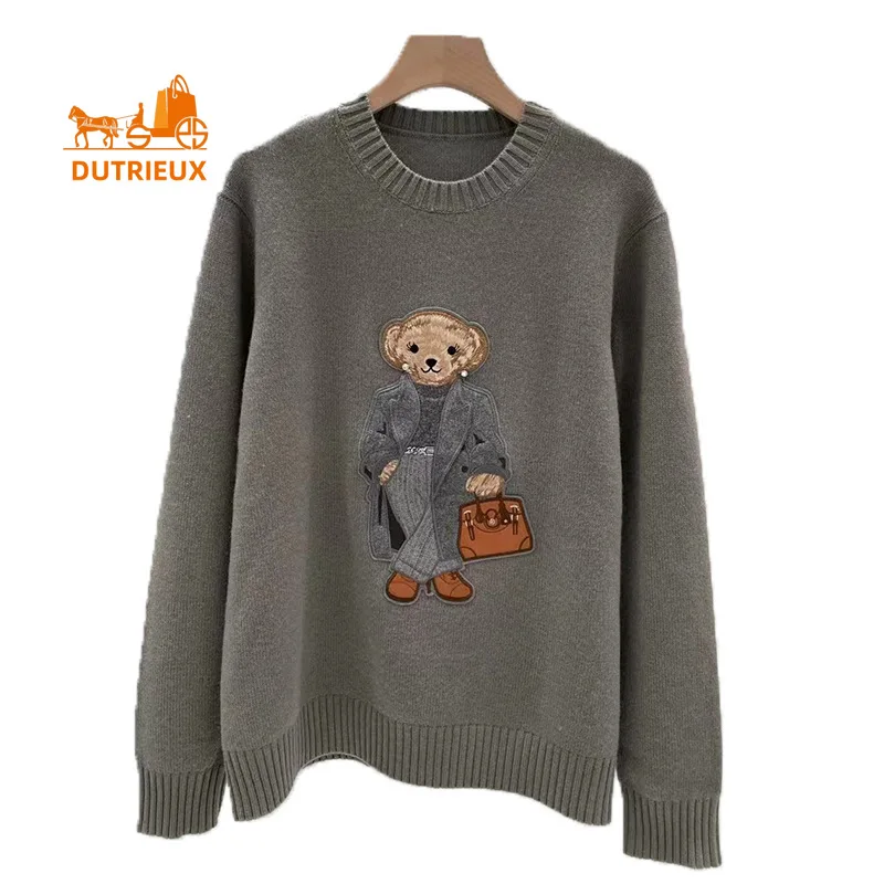 2024 New Autumn and Winter Cardigan Bear Embroidery Round Neck 100% Cashmere Pullover Knitted Cardigan Women\'s Warm Sweater