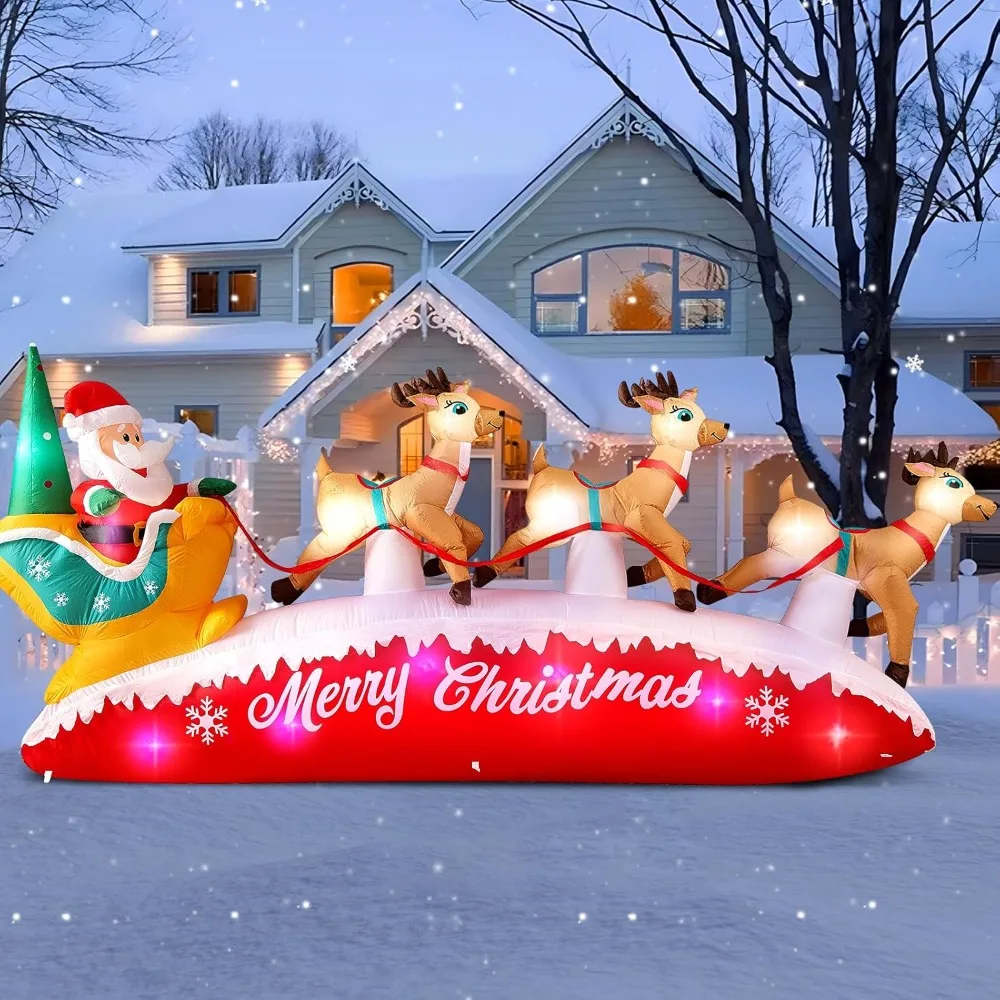 

Christmas Inflatables 10 FT Long Santa Sleigh with Reindeer Outdoor Decorations, Built-in Colorful LEDs Santa Claus Deer