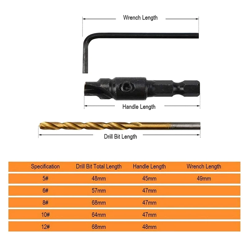 5PCS Shank Countersink Drill Bits Set Screw Carpentry Chamfer Hole Opener Woodworking Drill Punch Tools