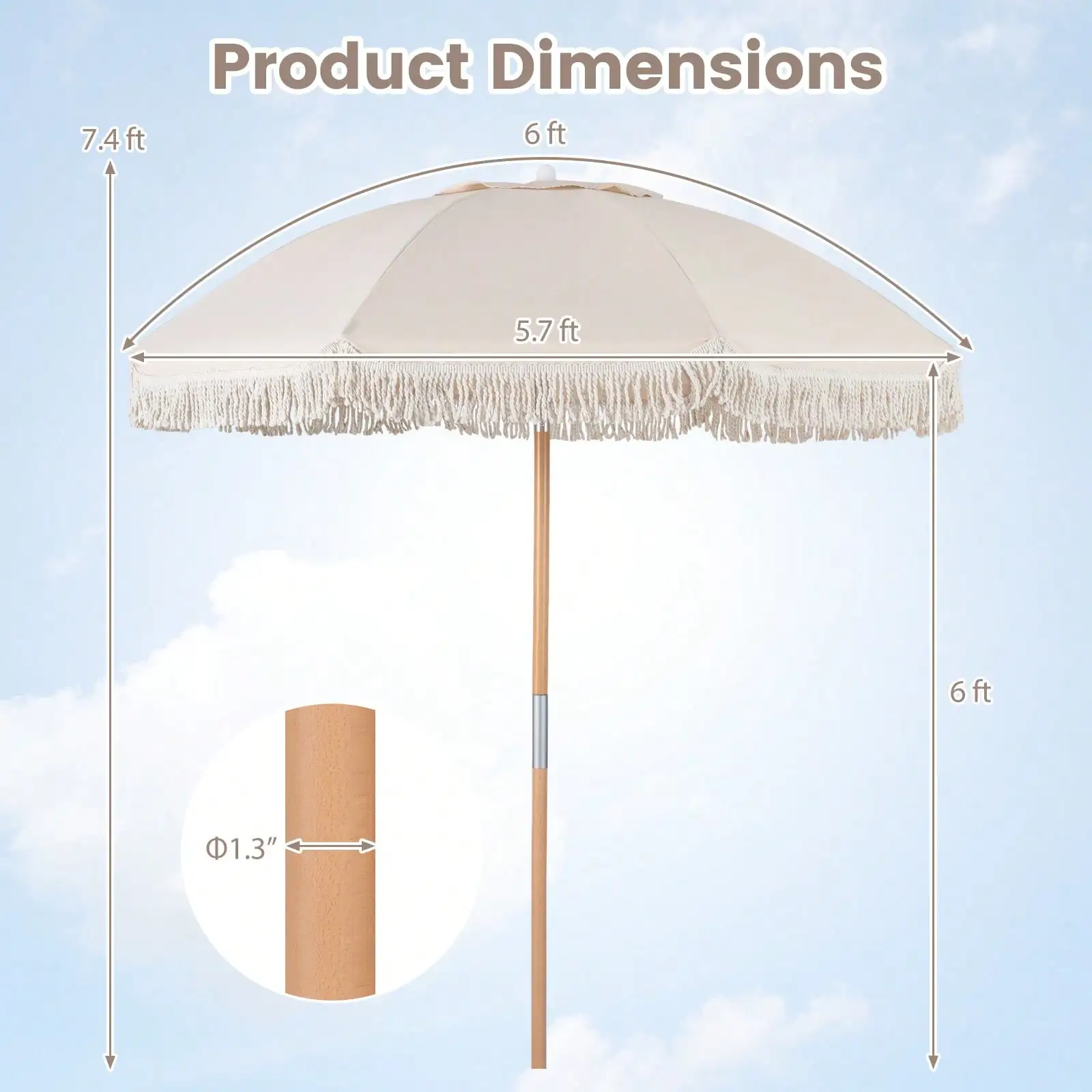 6 FT Patio Umbrella W/ Fringe Push Button Tilt 8 Sturdy Ribs Wood Pole