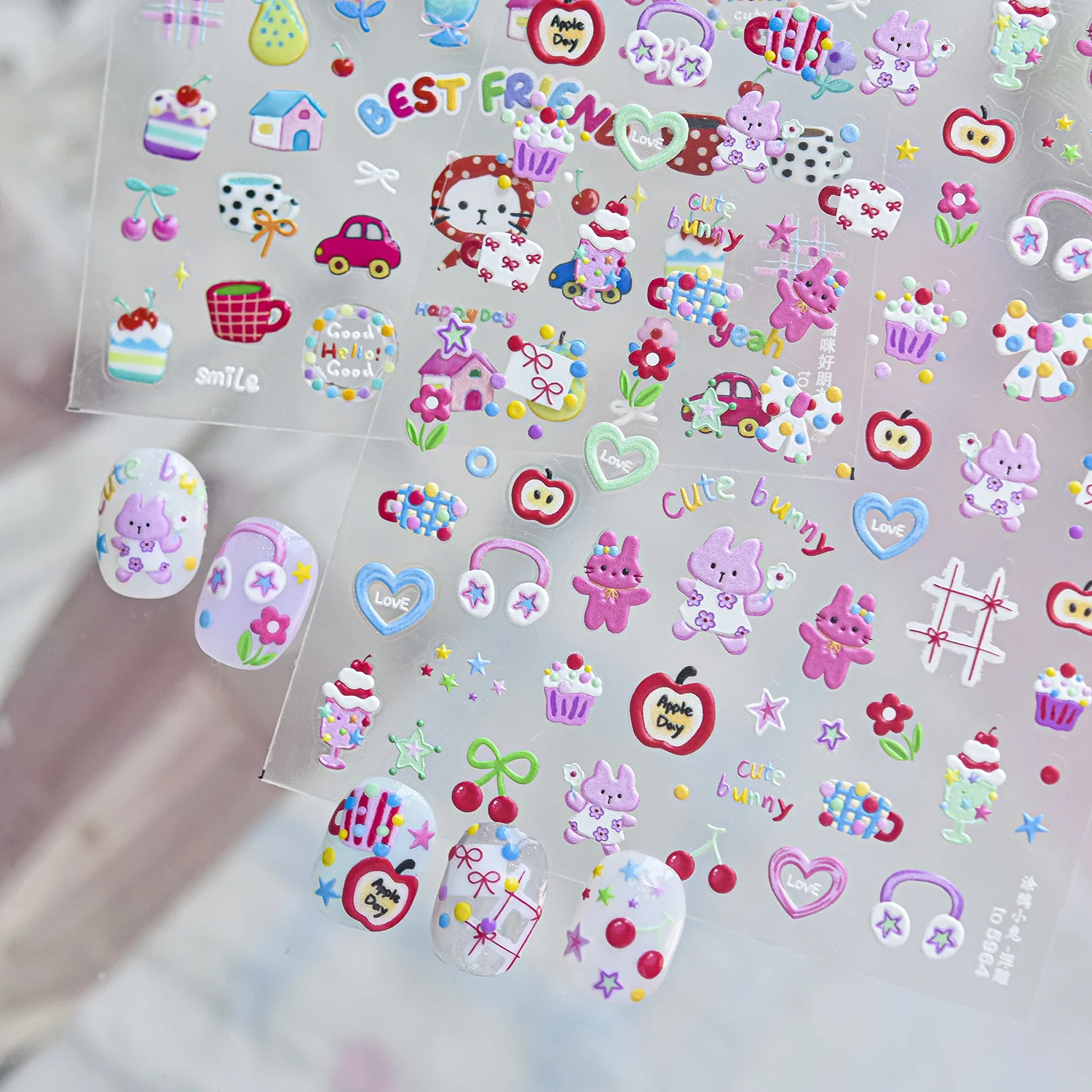 1Pcs 5D Jelly Nail Stickers Cute Cat Cherry Cake Pear Polkadot Coffee Cup Nail Design Stickers Kawaii Nail DIY Decoration Decals