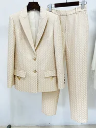 Beige Pants Suits Jacquard Weave V Decoration Blazer Suit Pant Sets Two Piece Business Wear Korean Style Blazer Outfit Women