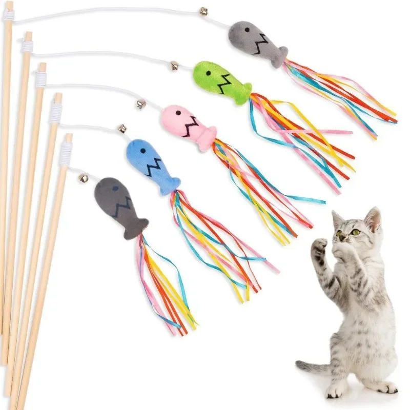 Cat Toys Cat Wand Toys Fish Shape Interactive Colorful Ribbons Bell Toys With Catnip Kitten Teaser Cats  String Toy Supplies