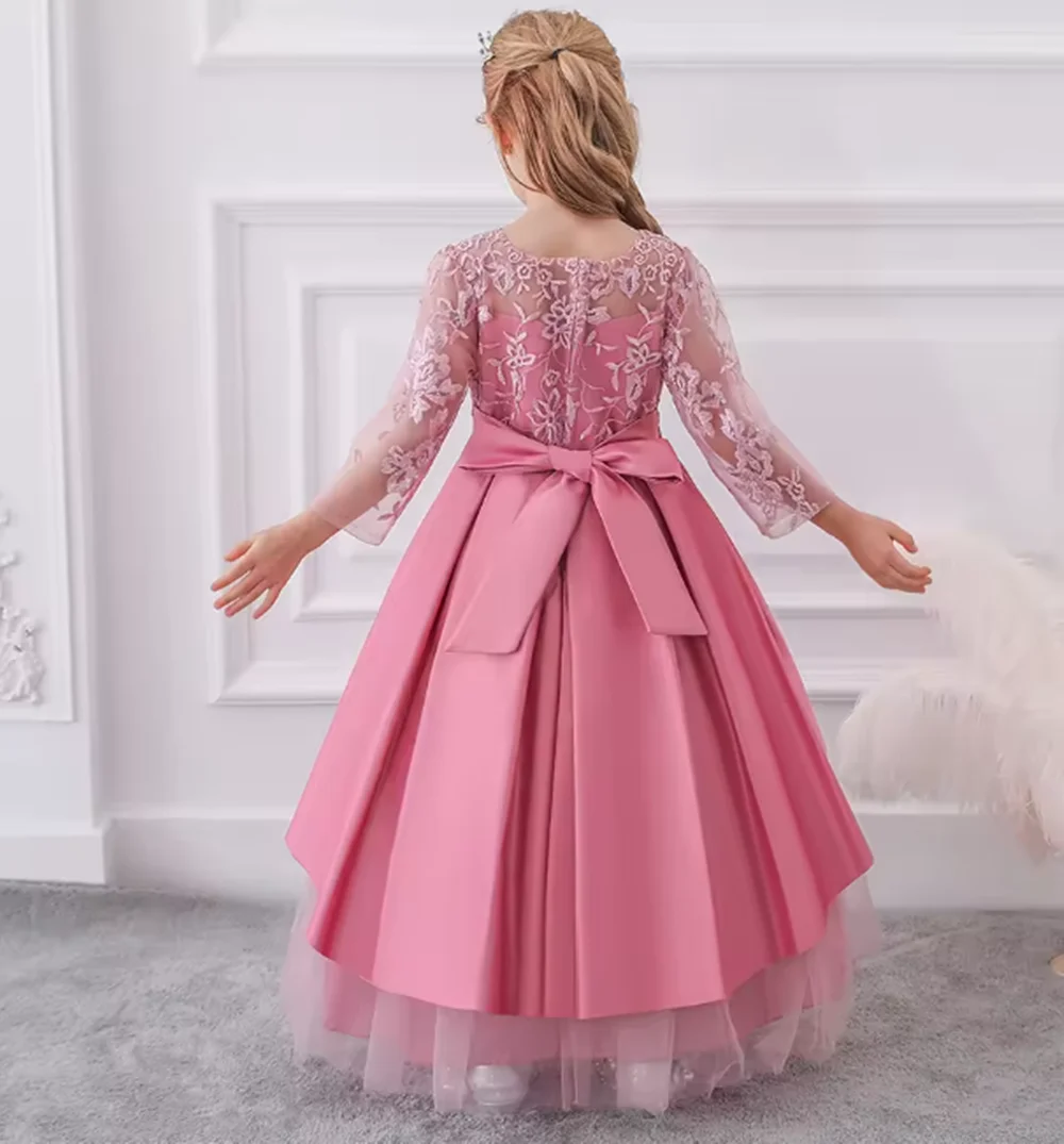 Elegante Kinder rosa Brautjungfer Party Kleider Langarm Hochzeit Weihnachten Kleid für Mädchen Kinder Prinzessin Geburtstag Kostüm