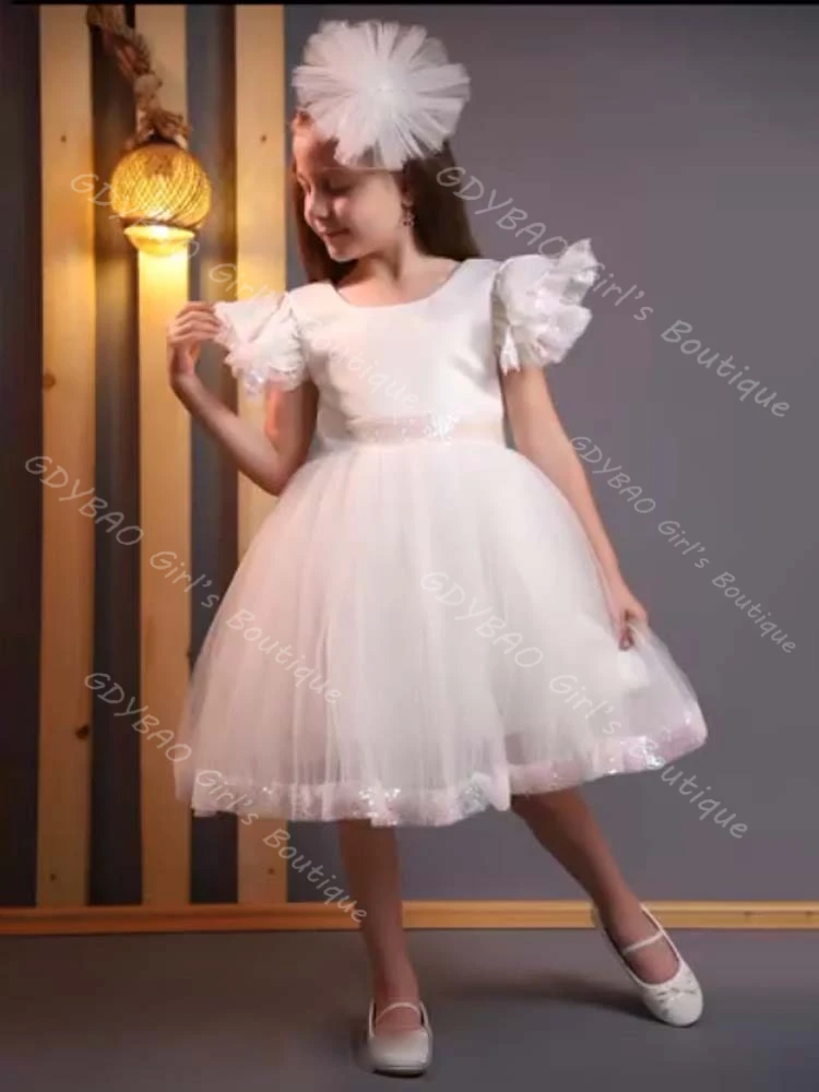 반짝이 소녀 파티 가운 짧은 소매 무릎 길이 플라워 걸 드레스 웨딩용 스팽글 밑단 공주 대회 드레스 맞춤 제작