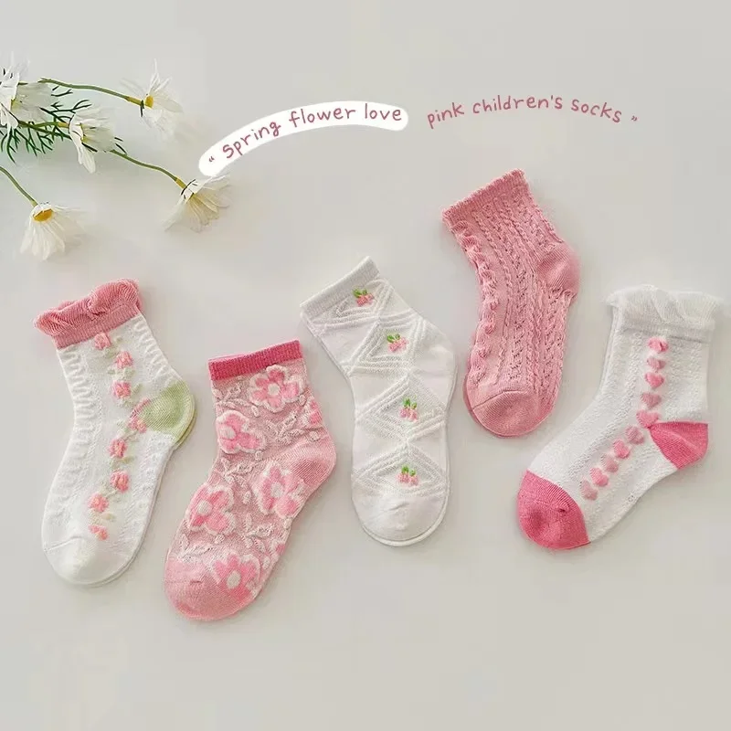 

Cotton Solid Kids Pink Girls Socks 5 Pairs All Season Flowers Heart Cute Comfortable Sweet Princess Half Socks for Child Girls