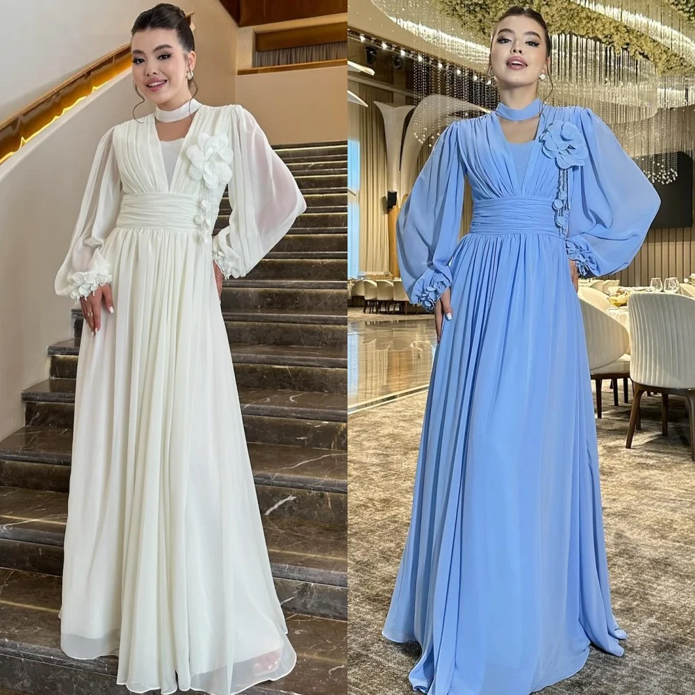 

Fashion Chiffon Pleat A-line V-neck Midi Dresses Evening Dresses Classic Exquisite Modern Style Pastrol Unisex Chinese Style