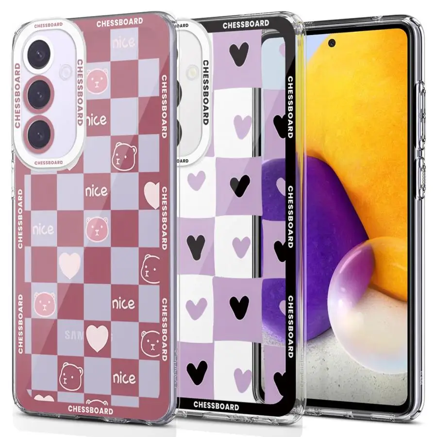 Pink Bear Love Purple Grid Cover Case for Samsung Galaxy A35 A55A53 A54 A73 A34 A33 A25 A24 A13 A14 A15 Clear Soft Shell