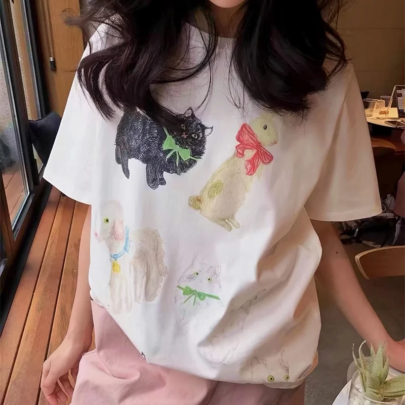 New High Street Vintage Animal Cats magliette stampate moda donna Creative Cotton Tees Summer Soft Loose Lovely Korean Y2K Tops