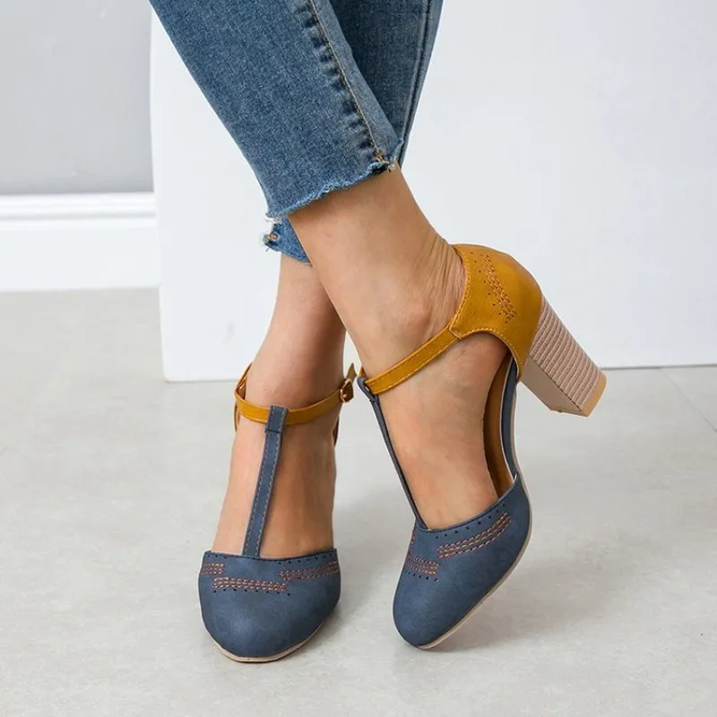 Sandales d'été Wish 2026 pour femme à bout rond, color block, à boucle, talons hauts, grandes tailles, à enfiler, style britannique, semelle en caoutchouc