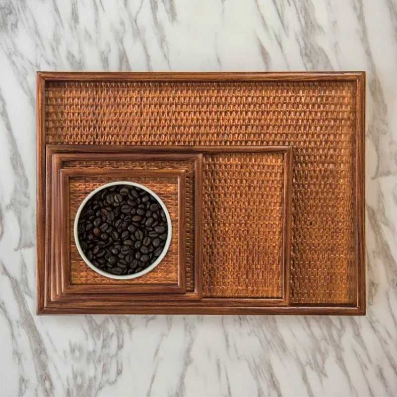 Thai Solid Wood Tray Japanese Rattan Woven Tea Tray,  Rectangular Household Hotel Tea Cup, Home Decoration, Retro Bamboo Weaving