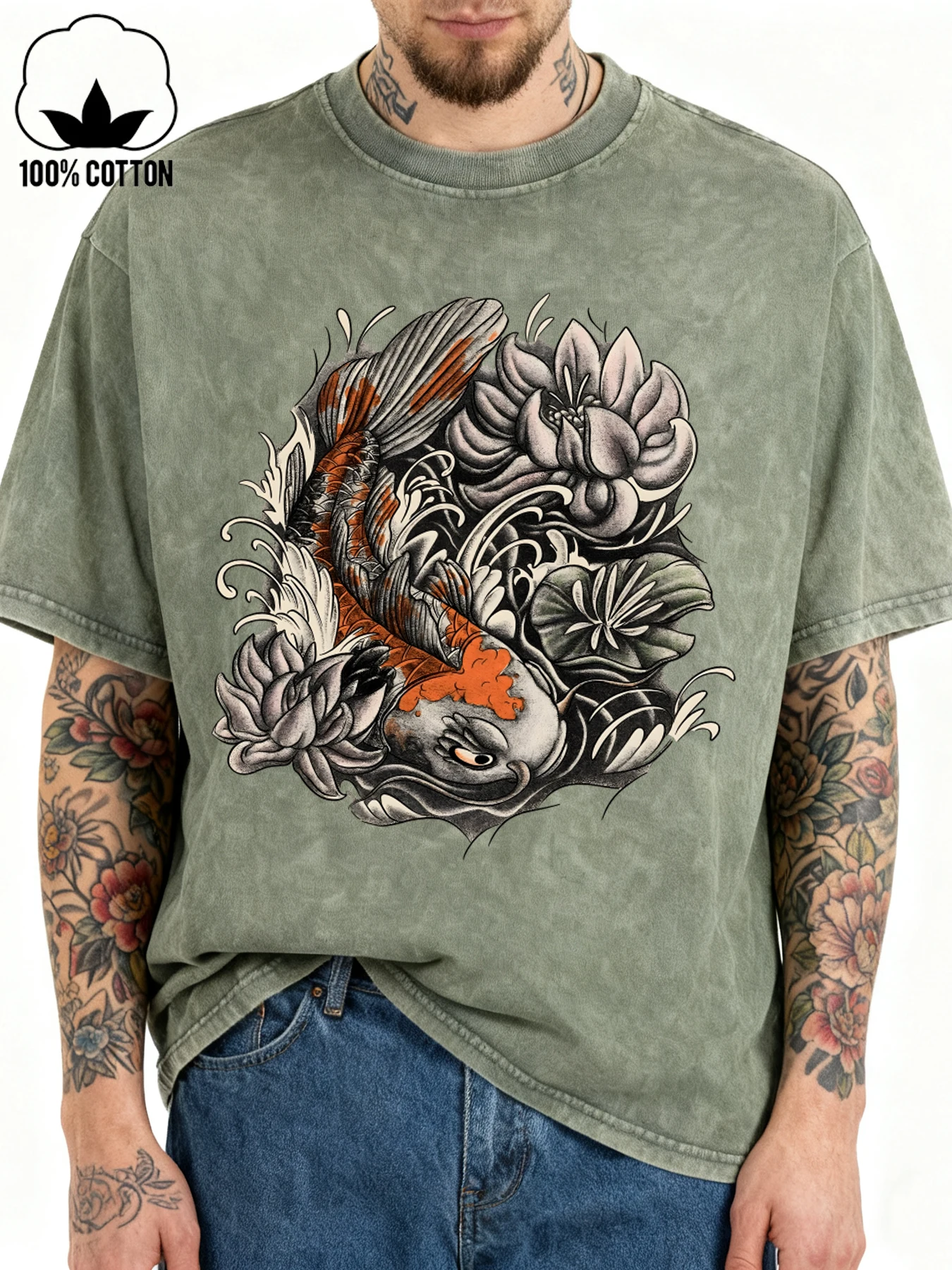 

Japanese Harajuku Lotus Koi Printed Men Washed T-Shirts Casual Crewneck T Shirt Summer Hip Hop Streetwear Cotton Loose Clothes