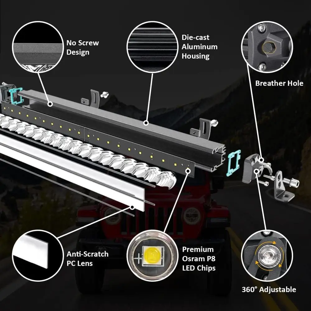 Barra de Luz LED Slim de 22 Polegadas com Feixe Combinado e Chicote de Fiação com 1 Cabo