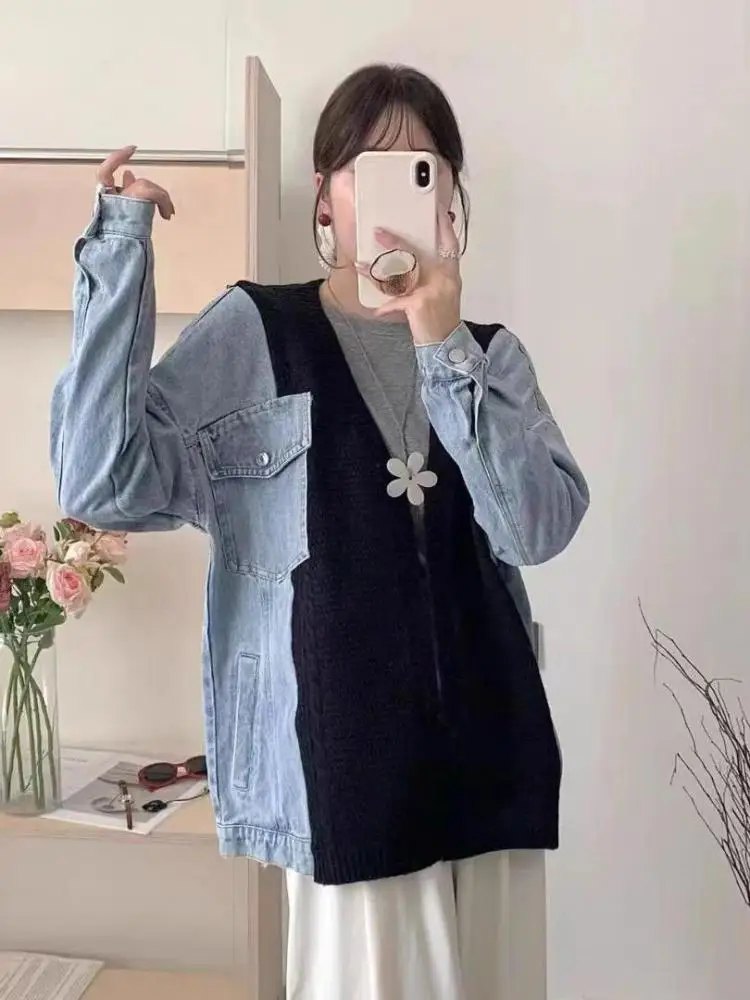 

Винтажный осенне-зимний джинсовый лоскутный праздничный свитер с длинными рукавами для женщин, универсальный короткий вязаный кардиган с v-образным вырезом, женские топы