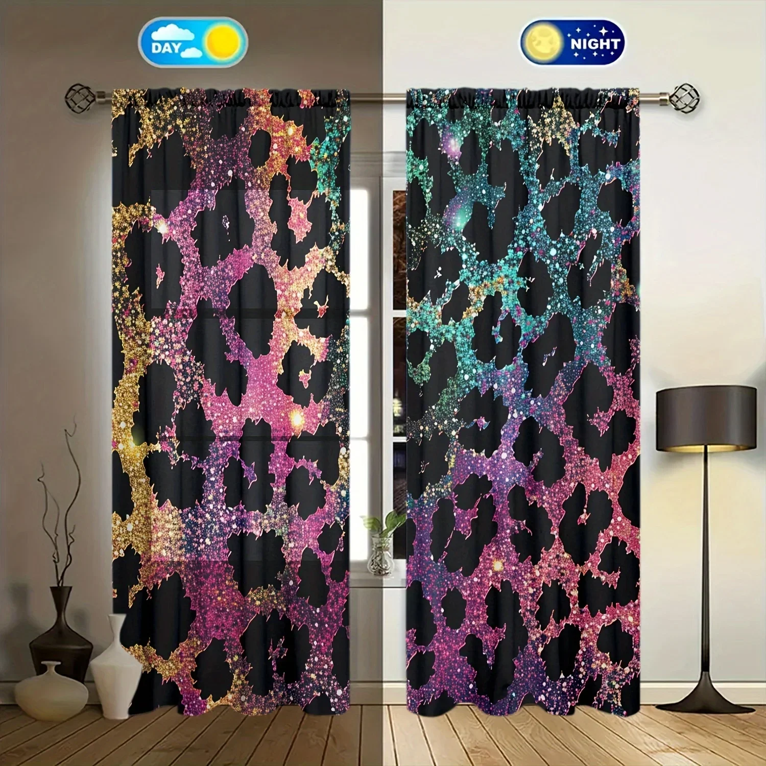 2pcs Colored Leopard Print Printed Curtain for Home Decor - Rod Pocket Window Treatment for Bedroom, Office, Kitchen,Living Room