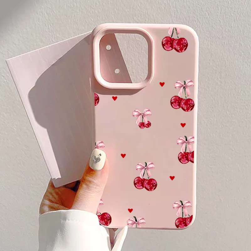 Vintage Vollflächig Bedruckte Rote Kirschen Schleifen- & Herzmuster TPU Silikon Handyhülle für iPhone 17 16 15 14 13 12 11 Pro Max Plus Air Cover