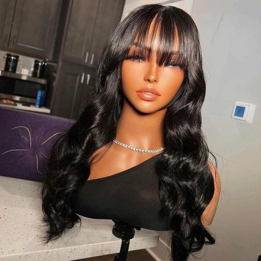 

Body Wave Wig With Bangs Brazilian Human Hair Wig Sale Full Machine Made Fringe Glueless Wigs Ready To Wear 100% Original Hair