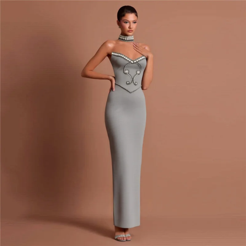 

European and American New Style Solid Color Elegant Rhinestone Strapless Bandage Dress with Necklace Party Gown Long Dress