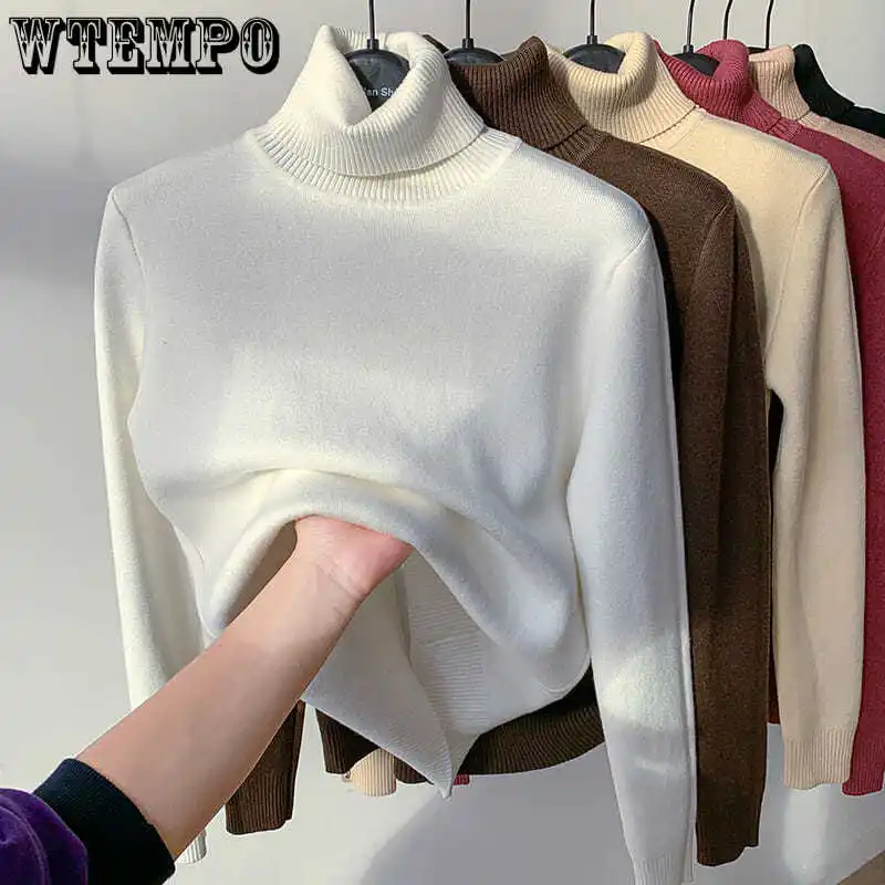 WTEMPO Winter Autumn Fleece Knitted Fleece Lined Sweaters Women\'s Long Sleeve Turtleneck Jumper Soft Loose Fit Pullover Knitwear