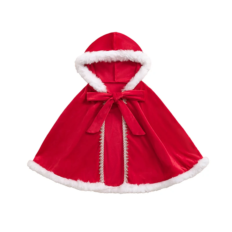 Christmas Red Velvet Cloak for Girls Contrast Color Fuzzy Trim Hooded Cape Cosplay Costume Children's Clothing