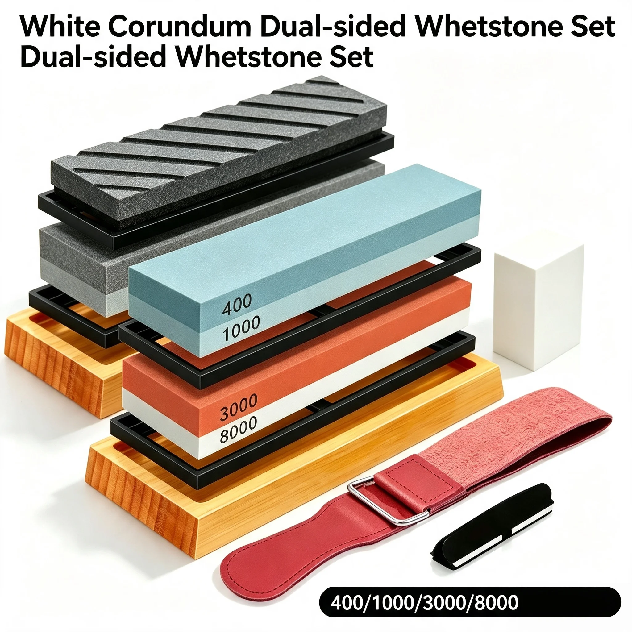 Household professional dual-sided sharpening oilstone set fitted with non-slip base leather strop and stone flattening tool