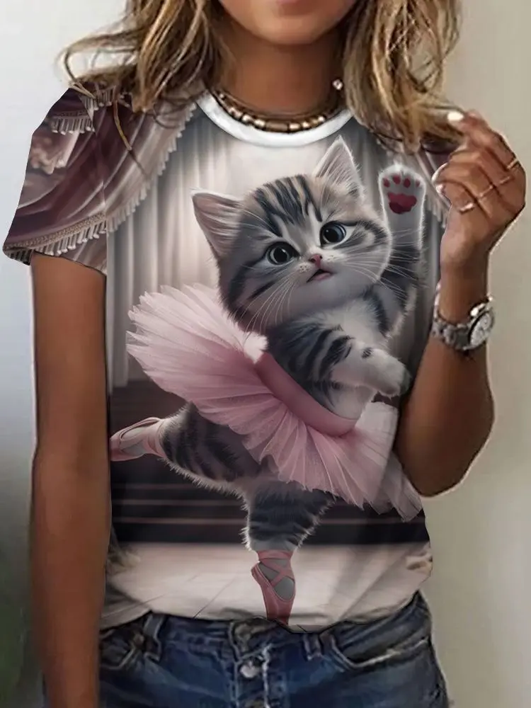 New Cute Cat Dances Ballet T-Shirts 3D Print Women Short Sleeve Round Neck T Shirt Summer Tees Harajuku Y2K Tops Female Clothing