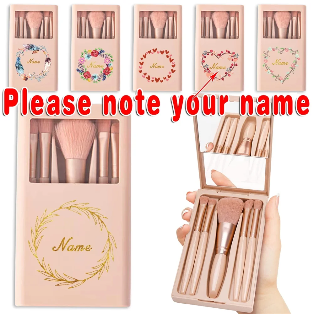 Customized Name 5Pcs Portable Makeup Brushes Set With Mirror Box Foldable Organizer Cosmetic Eyeshadow Brush Travel Beauty Tools