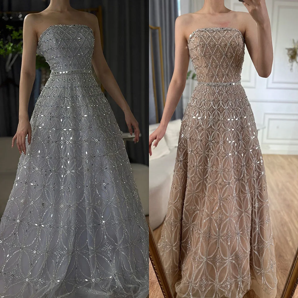 Serene Hill 2024 Customized Arabic Gray A Line Beaded Long Evening Dresses Gowns For Occasion LA72755