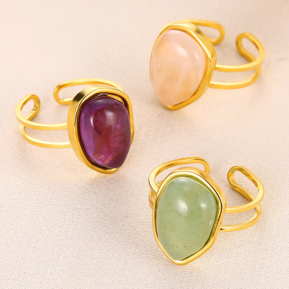 Opening Rings For Women Fashion Natural Stone Gold Color Stainless Steel Ring Vintage Adjustable Finger Jewelry Anniversary Gift