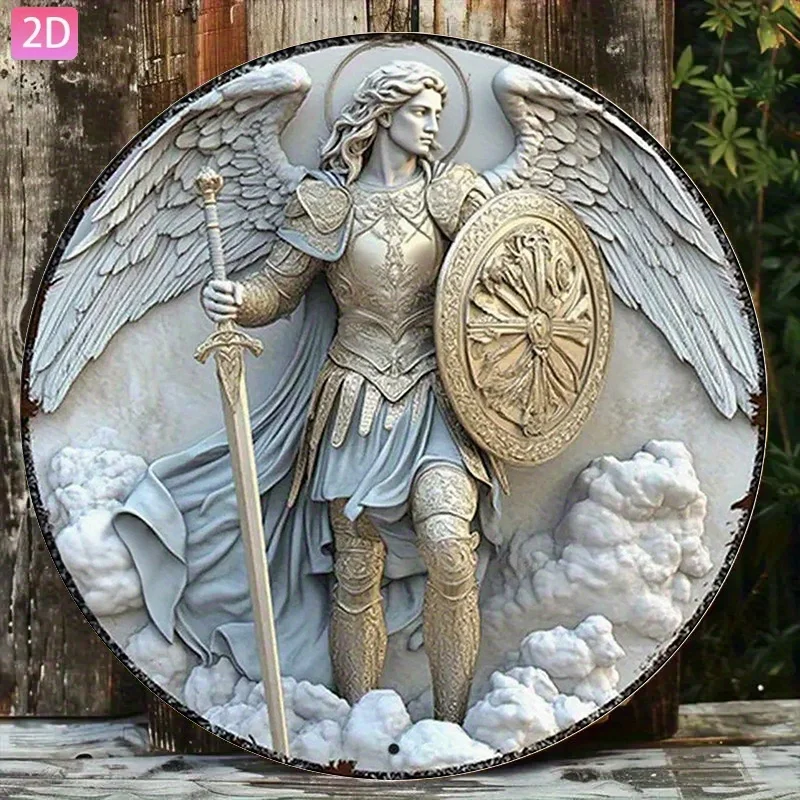 2D Flat, Archangel Michael Patron Saint Wall Plaque - Retro Aluminum Religious Sign Suitable for, Church & Outdoor Decor - Durab