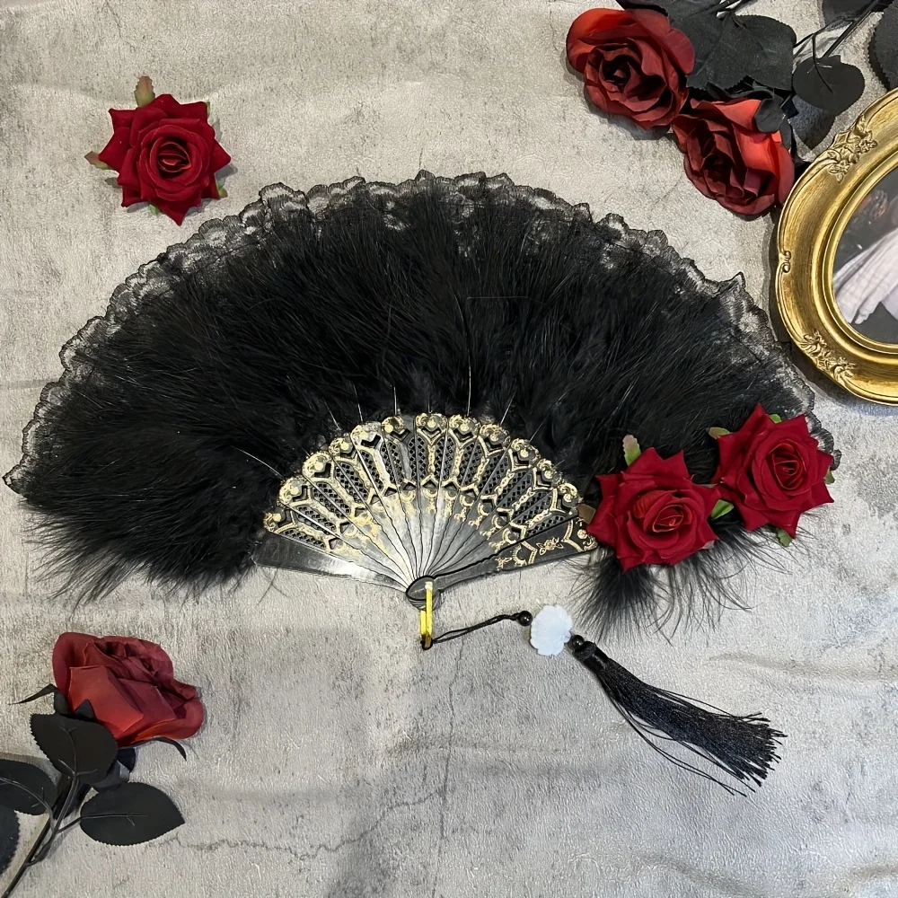 2pcs Black Feather Fan And Ring, Hand Fan Folding Fan, Burgundy Rose Vintage Lolita Christmas Halloween