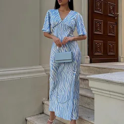 2024 New Arrival V-Neck Short SLeeve Women Summer Boho Vacation Long Dress Elegant Striped Maxi Dress Vestidos Clothes