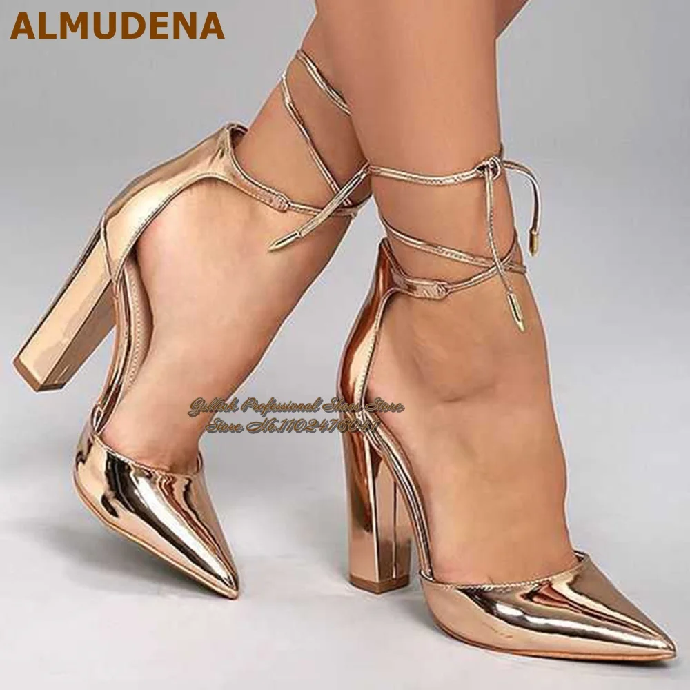 

ALMUDENA Top Brand Rose Gold Patent Leather Pointed Toe Pumps Chunky Heel Lace-up Dress Shoes Dropship