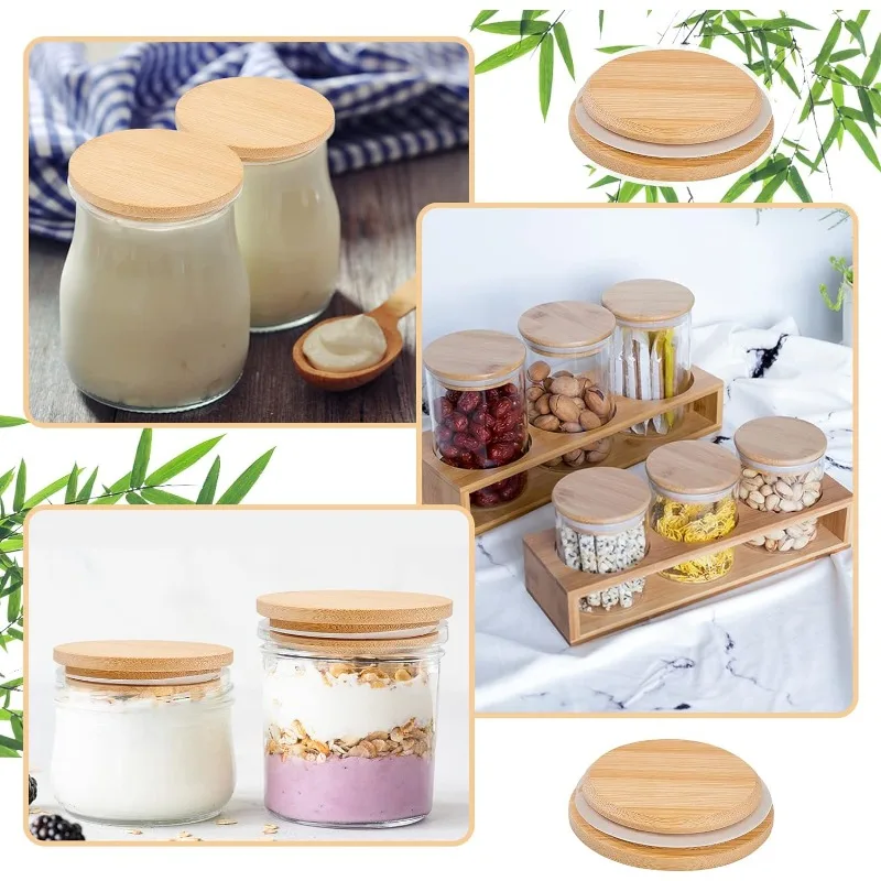 4 Pack Oui Yogurt Jar Lids Bamboo Wood Lids That Fit Oui Yogurt Jars Cookie Glass Storage Lids with Silicone Pad for a Perfect