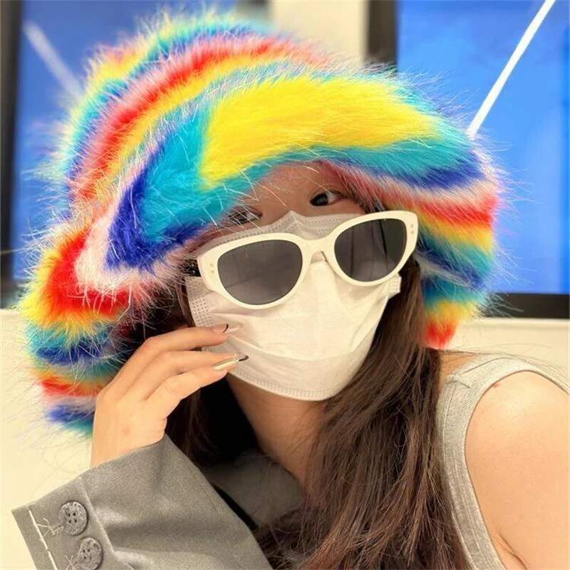 Rainbow Stripe Fluffy Artificial Fur Women\'s Hat Luxury Plush Bucket Hat Winter Warm Fisherman Hat Personalized Basin Hat